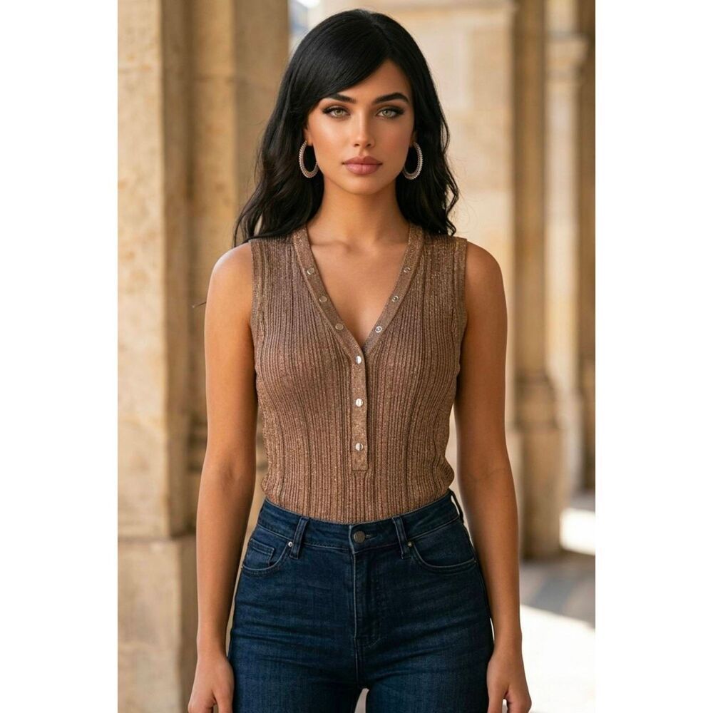☔️🔹️WHBM Brown Snap Vneck Henley Ribbed Knit Sleeveless Top Large